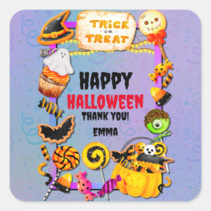 Pegatina Cuadrada Fiesta feliz de Halloween llena de trucos o trato