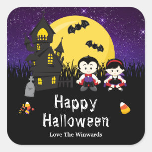 Pegatina Cuadrada Fiesta Feliz de Halloween Vampiros Morados