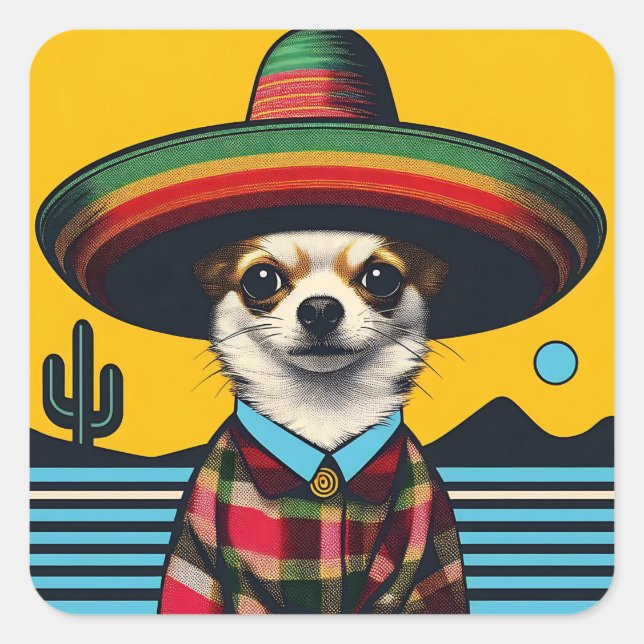 Pegatina Cuadrada Fiesta festiva Chihuahua usando Sombrero Sarape (Anverso)