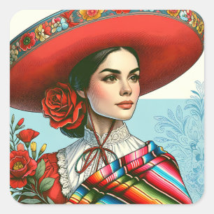 Pegatina Cuadrada Fiesta festiva Latina Hispanic Retro Party Favor