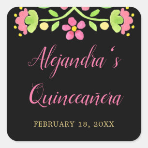 Pegatina Cuadrada Fiesta floral Oro negro Quinceanera