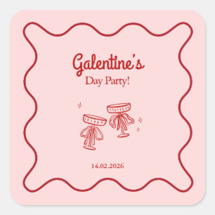 Pegatina Cuadrada Fiesta Galentines Rosa y Rojo Retro