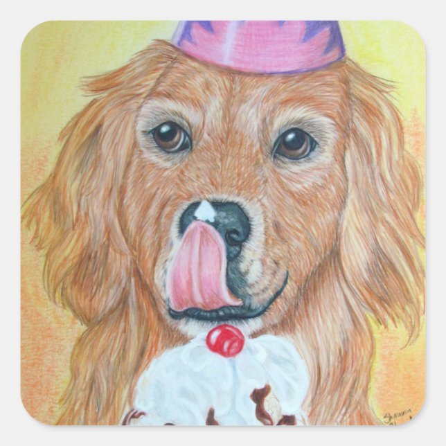 Pegatina Cuadrada Fiesta Golden Retriever (Anverso)