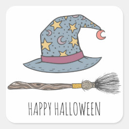 Pegatina Cuadrada Fiesta Halloween Gorra Y Broomstick