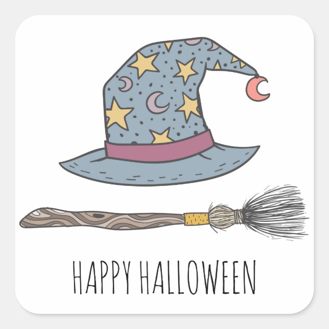 Pegatina Cuadrada Fiesta Halloween Gorra Y Broomstick (Anverso)
