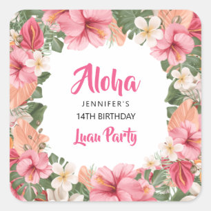 Pegatina Cuadrada Fiesta Luau Tropical Hawaiano Aloha Hibisco