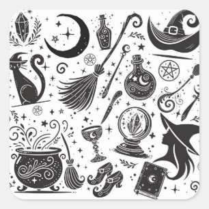 Pegatina Cuadrada Fiesta Mágica de Brujas Caprichosas Wiccanas Pagan