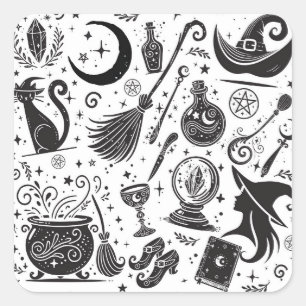 Pegatina Cuadrada Fiesta Mágica de Brujas Caprichosas Wiccanas Pagan