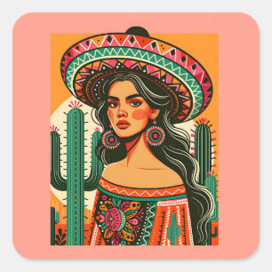 Pegatina Cuadrada Fiesta Mexicana Colorida Cactus