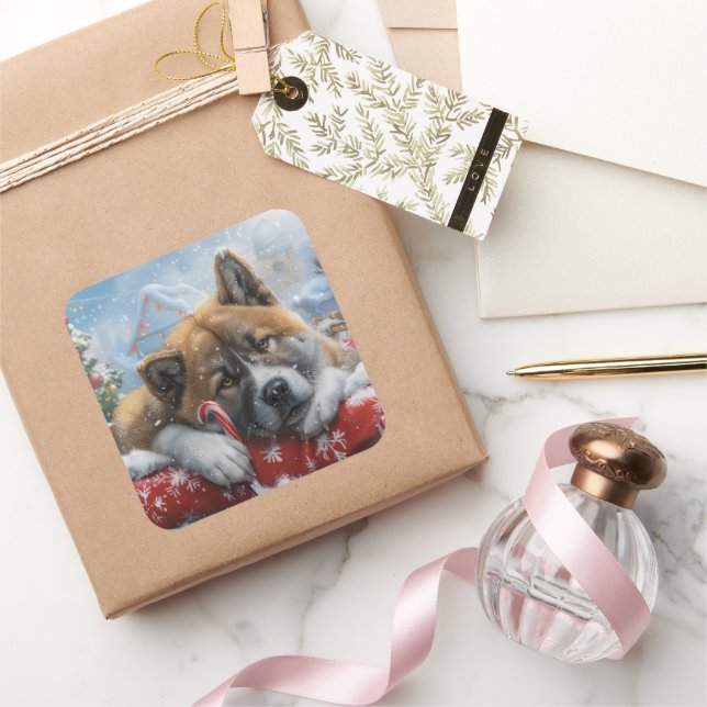 Pegatina Cuadrada Fiesta Navideña del Perro Akita (Regalar)