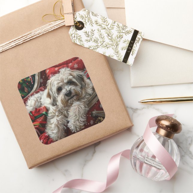 Pegatina Cuadrada Fiesta Navideña del Perro Havanés (Regalar)