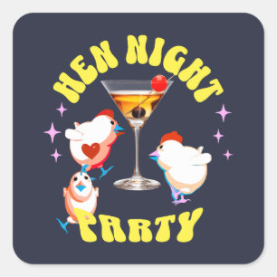 Pegatina Cuadrada Fiesta Nocturna de Gallinas Divertidas Gallina Div