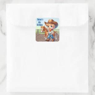 Pegatina Cuadrada Fiesta Occidental Niño Vaquero Con Personalizado D