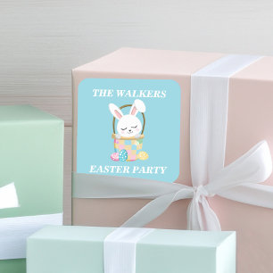 Pegatina Cuadrada Fiesta personalizada del conejo de Pascua azul beb