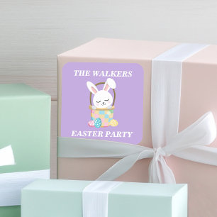 Pegatina Cuadrada Fiesta personalizada del conejo de Pascua púrpura