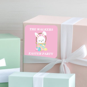 Pegatina Cuadrada Fiesta personalizada del conejo de Pascua rosa bon