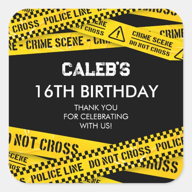 Pegatina Cuadrada Fiesta policial con amarillo No cruzar las cintas (Anverso)