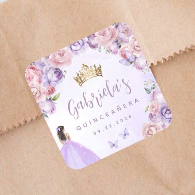 Pegatina Cuadrada Fiesta Purple Rubor Floral Quinceañera (Subido por el creador)