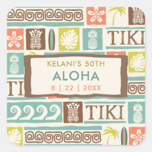 Pegatina Cuadrada Fiesta Retro Tiki Tropical Aloha Cumpleaños