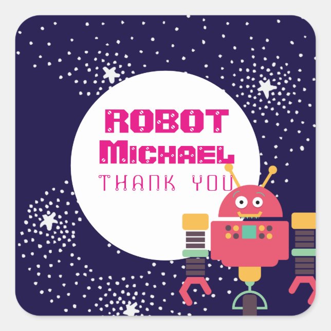 Pegatina Cuadrada FIESTA ROBOT Suministra nueces rosadas azules y pe (Anverso)