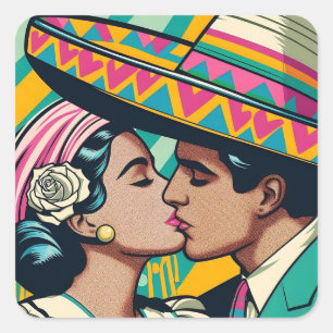 Pegatina Cuadrada Fiesta Sombrero del beso mexicano retro