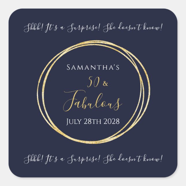 Pegatina Cuadrada Fiesta sorpresa de cumpleaños número 50 Navy Gold (Anverso)