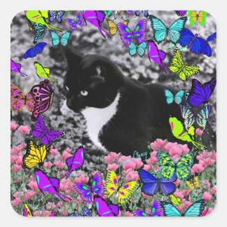 Pegatina Cuadrada Fiestas en mariposas II - Gato de Tuxedo