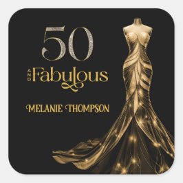 Pegatina Cuadrada Fifty and Fabulous Gold Dress Black 50th Birthday