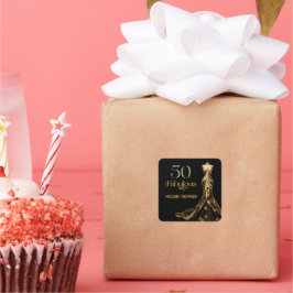 Pegatina Cuadrada Fifty and Fabulous Gold Dress Black 50th Birthday