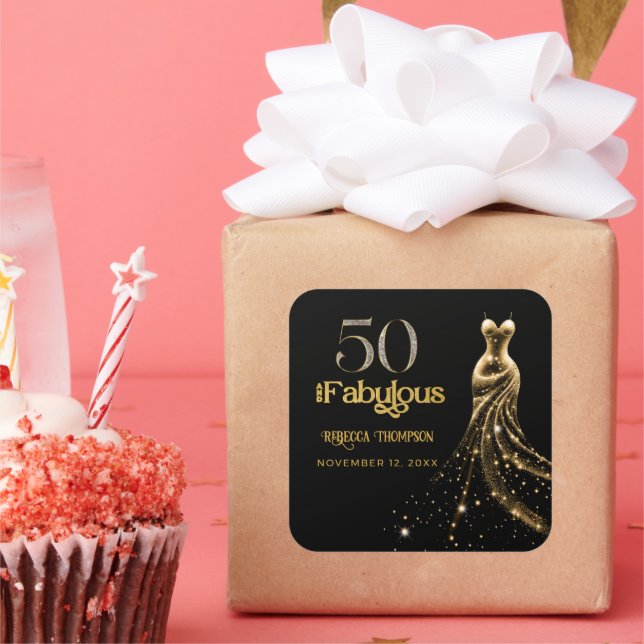 Pegatina Cuadrada Fifty and Fabulous Gold Dress Black 50th Birthday (Fiesta)