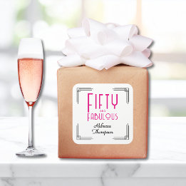 Pegatina Cuadrada Fifty and Fabulous Hot Pink Art Deco 50th Birthday
