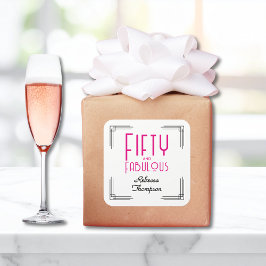 Pegatina Cuadrada Fifty and Fabulous Hot Pink Art Deco 50th Birthday