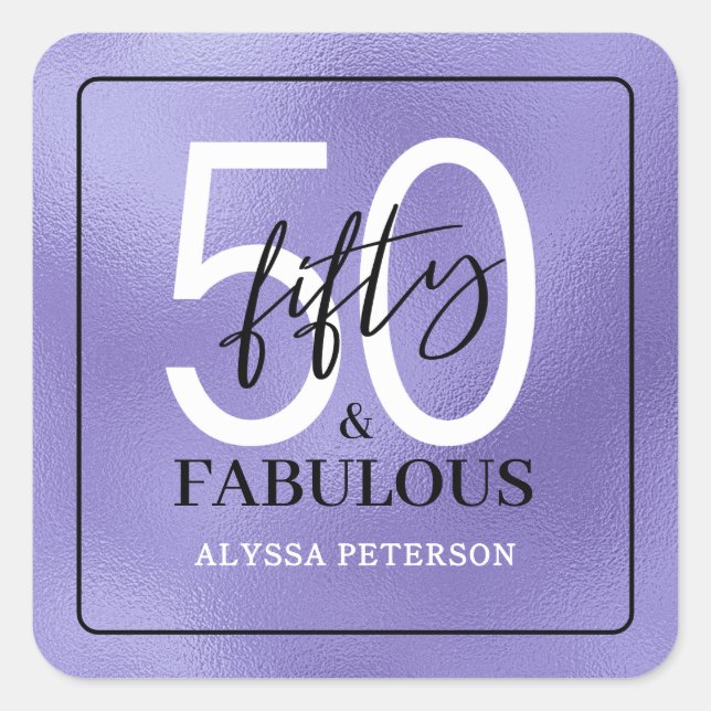 Pegatina Cuadrada Fifty and Fabulous Script 50th Birthday (Anverso)