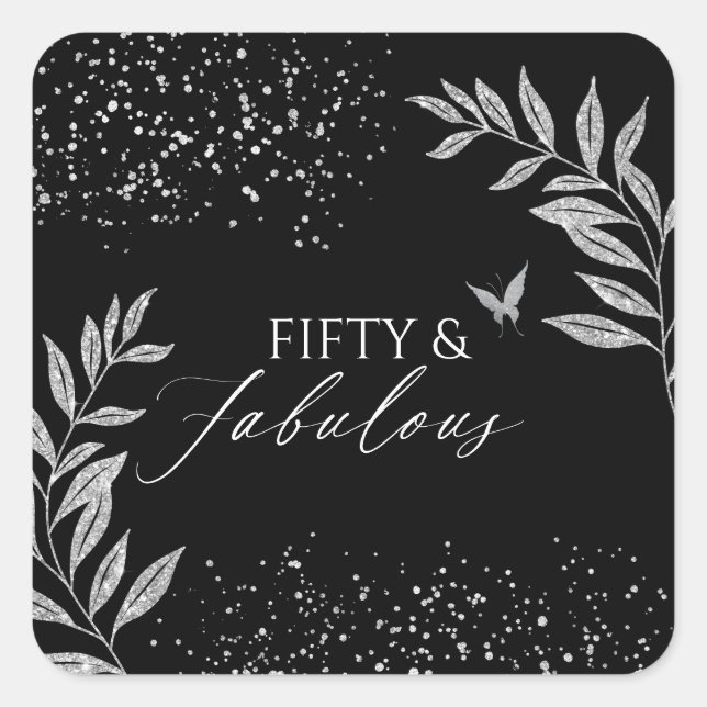 Pegatina Cuadrada Fifty & Fabulous Black Glam 50th bithday (Anverso)