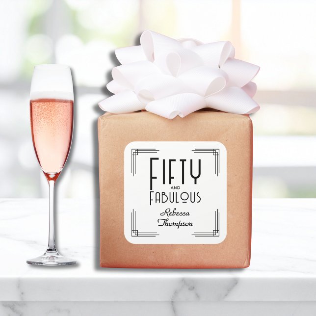 Pegatina Cuadrada Fifty Fabulous Black White Art Deco 50th Birthday (Fifty and Fabulous Black and White Art Deco 50th Birthday Square Sticker with Her Name.)