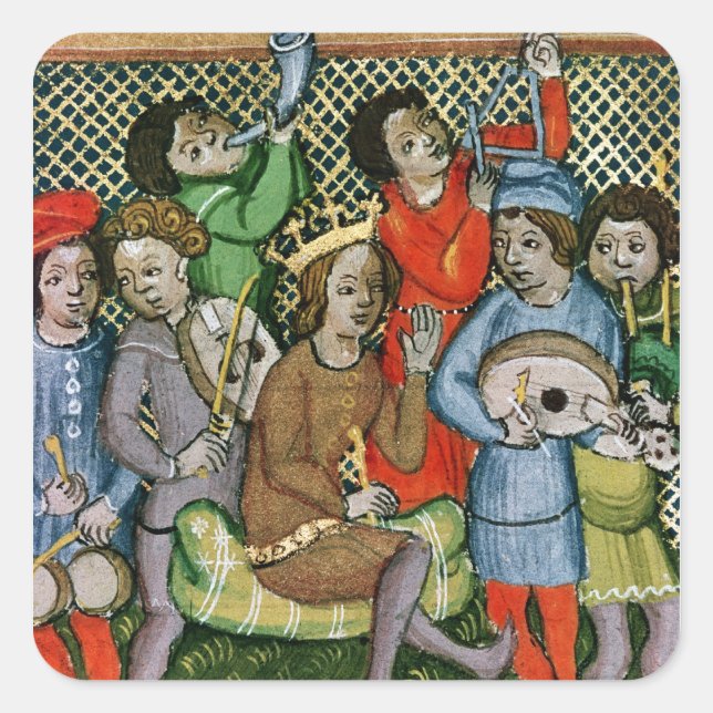 Pegatina Cuadrada Figura de corona sentada rodeada de músicos (Anverso)