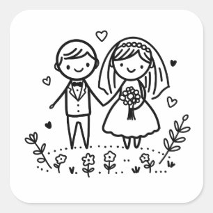 Pegatina Cuadrada Figura de palo corto: Boda de novia y Groom