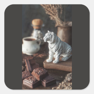 Pegatina Cuadrada Figura de Tigre Blanco – Chocolate Rústico y Café