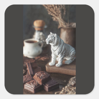 Pegatina Cuadrada Figura de Tigre Blanco – Chocolate Rústico y Café