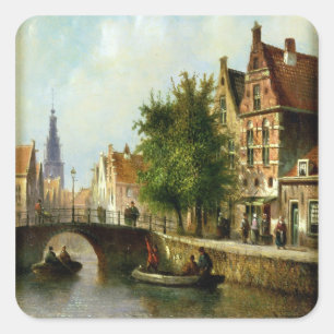 Pegatina Cuadrada Figuras en un canal, Amsterdam (aceite en el