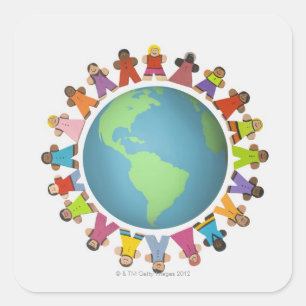 Pegatina Cuadrada Figuras multiétnicas rodean el mundo