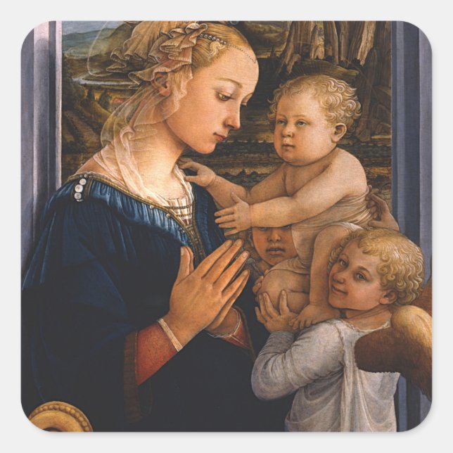 Pegatina Cuadrada Filippo Lippi- Madonna Y Niño Con Dos Ángeles (Anverso)