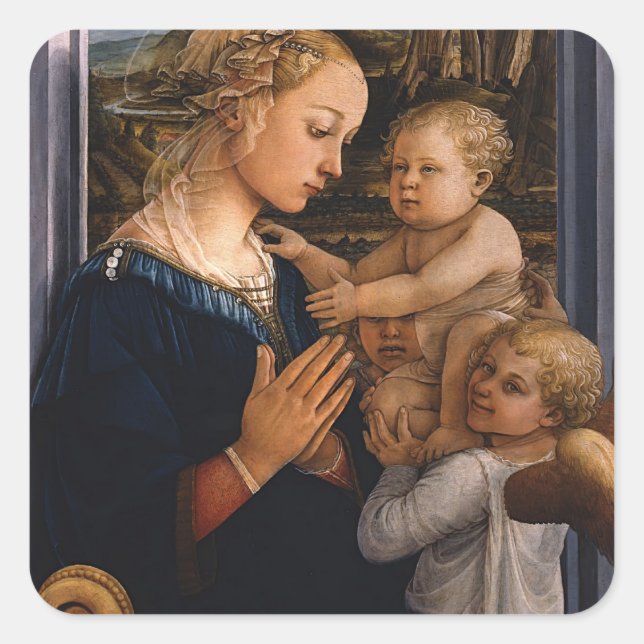 Pegatina Cuadrada Filippo Lippi- Madonna y niño con dos ángeles (Anverso)