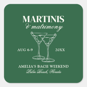 Pegatina Cuadrada Fin de semana de soltera Martinis y Matrimonio