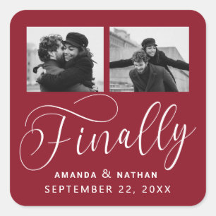 Pegatina Cuadrada Finalmente Boda Minimalista 2 Foto Guardar la fech