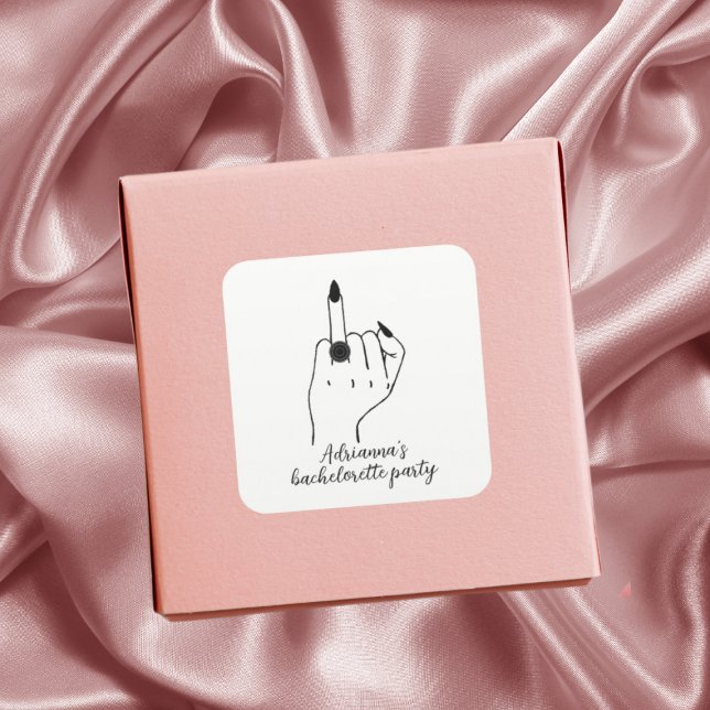 Pegatina Cuadrada Finger de anillo de novia de la fiesta moderna de  (Funny Modern Bachelorette Party Bride Ring Finger Square Sticker)