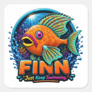 Pegatina Cuadrada Finn el delfín – “Cabalgando las olas de la maravi