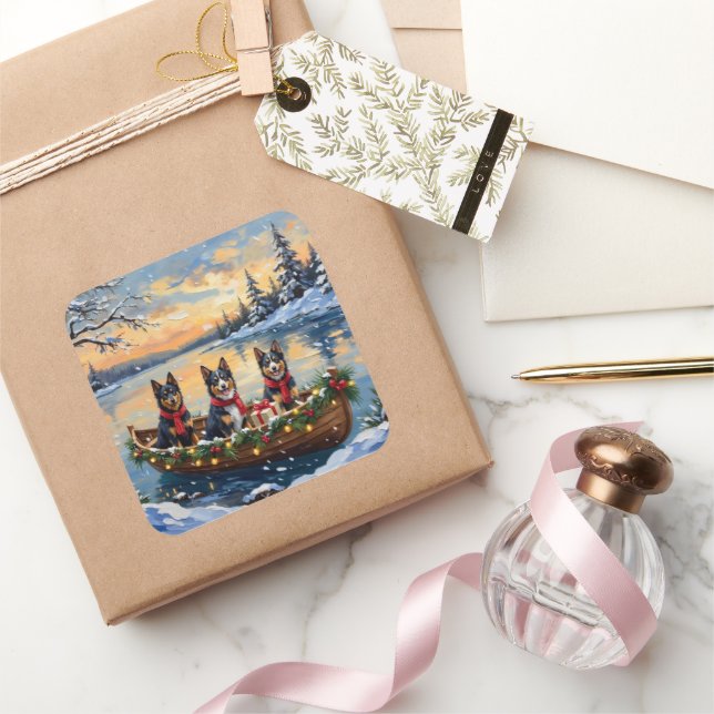 Pegatina Cuadrada Finnish Lapphund Christmas Boat Holiday (Regalar)