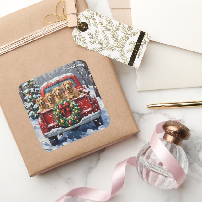 Pegatina Cuadrada Finnish Lapphund Christmas Red Truck Holiday (Regalar)