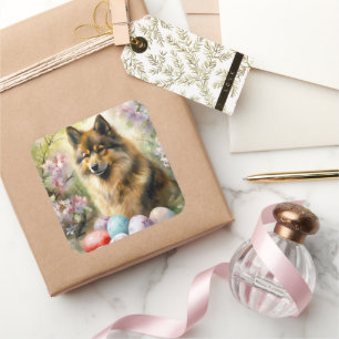 Pegatina Cuadrada Finnish Lapphund con huevos de Pascua